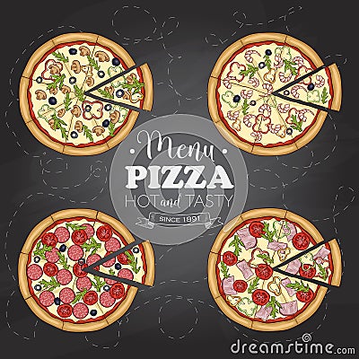 Four types of color pizza on a black board Vector Illustration