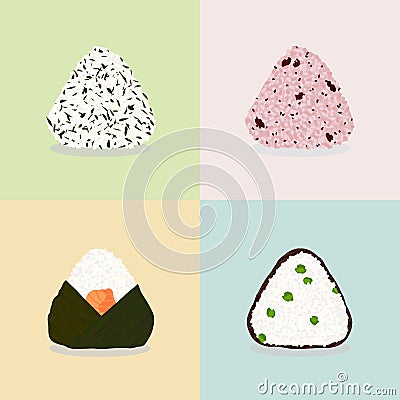 Four types of onigiri. Rice balls Japanese cuisine Vector Illustration