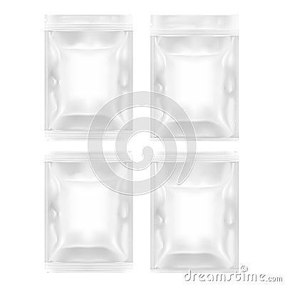 Four Various White Blank Filled Foil Pouch Bag Plastic Packaging With Zip Lock Stock Photo