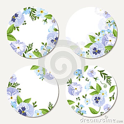 Four vector circle cards with blue and purple flowers. Eps-10. Vector Illustration