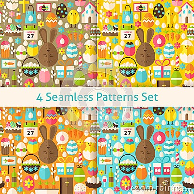 Four Vector Flat Happy Easter Seamless Patterns Set Vector Illustration