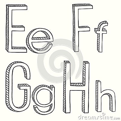 Four vector hand drawn 3 D dimensional letters of the Latin alphabet: E, F, G, H without filling. Vector Illustration