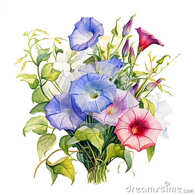Morning Glory Bouquet Watercolor Print - Realistic Botanical Art Cartoon Illustration
