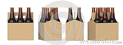 Four views of a six pack of brown beer bottles in cardboard box. 3D render, isolated on white background. Stock Photo