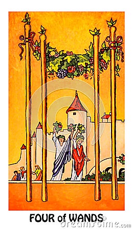 Four of Wands Tarot Card Stability Prosperity Success Homecoming Reunions Welcome Celebrations Parties Stock Photo