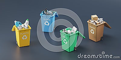 Four waste bins full of different types of garbage, top view Stock Photo