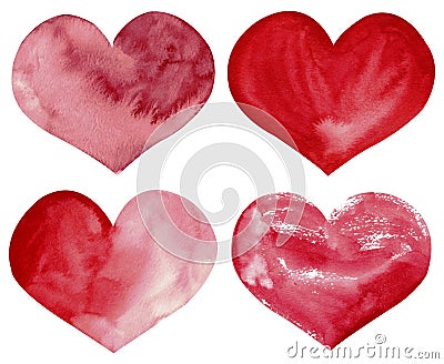 Four watercolor red and pink hearts. Valtentine`s day clipart. Illustration Stock Photo