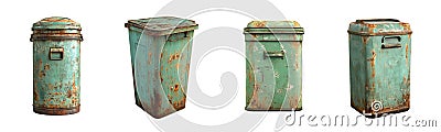 Four weathered, rusty trash cans, each with a unique shape and size, are lined up on a transparent background Stock Photo