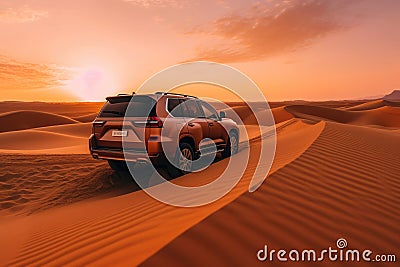 Four wheel drive SUV is driving in desert. Generative AI Stock Photo