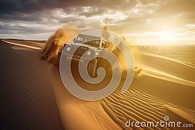 Four-wheel drive vehicle jump over sand dunes. Concept sense of adventure and excitement. Generative AI Stock Photo