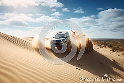 Four-wheel drive vehicle jump over sand dunes. Concept sense of adventure and excitement. Generative AI Stock Photo