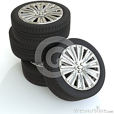 Four wheels for a car with silver discs. 3d render Stock Photo