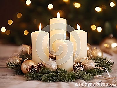 Four white Advent candles within lush evergreen branches. Christmas time, Advent season. Flickering flames cast soft, inviting Stock Photo