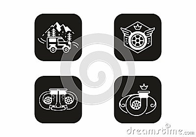 Four white on black automotive icon badge Vector Illustration