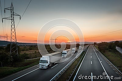 Four White Lorry Trucks Convoy on highway Stock Photo