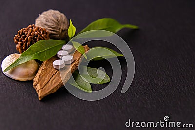 Four white tablets placed on a dried cinnamon bark with green herbs and elaeocarpus bead on black background. Ancient Indian Stock Photo