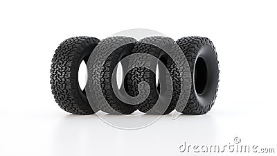 Four Winter off-road Tires in Line Row for a Vehicle on a Clean White Background. Stock Photo