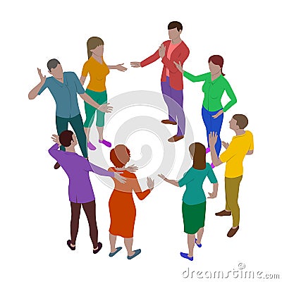 Four women and four men talk emotionally while standing in a circle. Group of people in isometric view. Meeting of employees or Vector Illustration