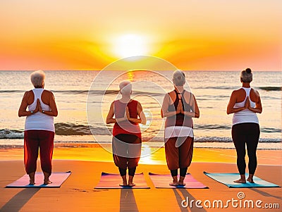 Four women practice yoga on the beach Stock Photo