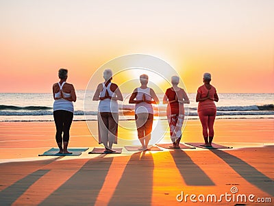 Five women practice yoga on the beach Stock Photo