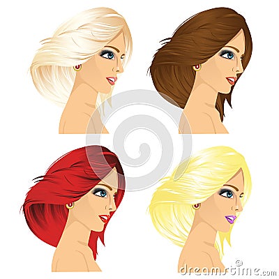 Four women profile with different hair color Vector Illustration