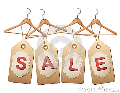 Four wooden hangers with price tags forming the word Sale. Vector Illustration