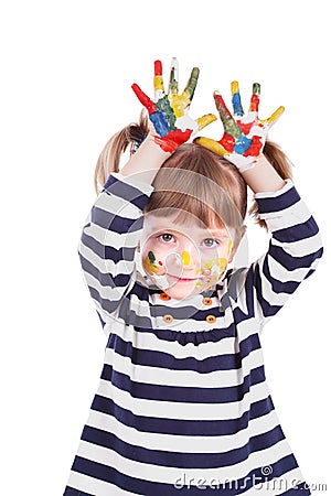 Four-year girl with hands soiled in a paint. Stock Photo