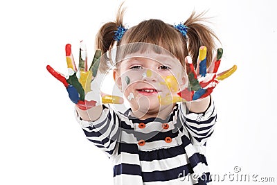 Four-year girl with hands soiled in a paint. Stock Photo