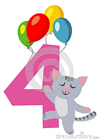 Four years birthday. Kid age number with cute cat Vector Illustration