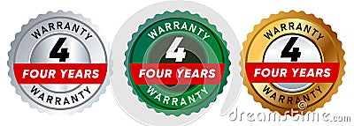 four 4 years warranty badge emblem seal set guarantee collection in silver green and gold premium circle shape Vector Illustration