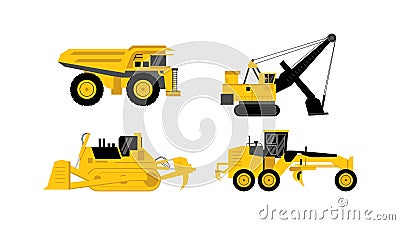 Four yellow mining vehicle set flat element isolated on white background Vector Illustration