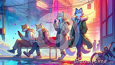 Four young fox men conversing in an urban alleyway Cartoon Illustration