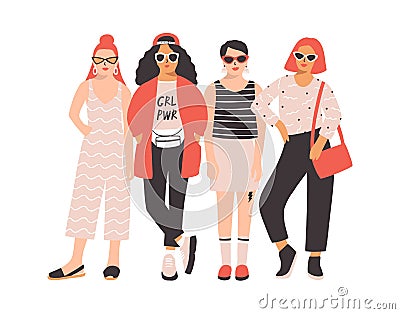 Four young women or girls dressed in trendy clothes standing together. Group of friends or feminist activists. Female Vector Illustration