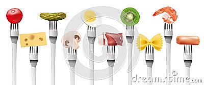Presentation of different foods on forks Stock Photo