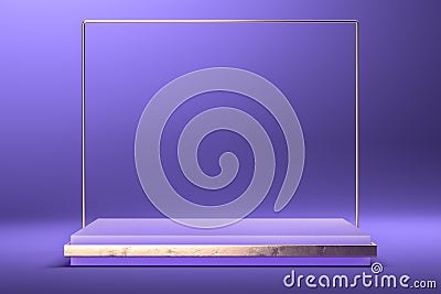 Foursquare Showcase and Metallic Stand As Frame On Violet Background. Copy Space. Empty Space. 3d Rendering Stock Photo