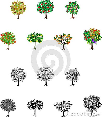 Fourteen Fruits Tree Icons Vector Illustration