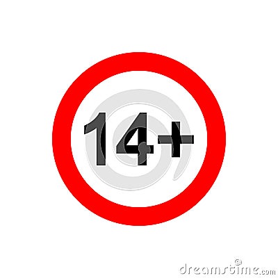 Fourteen plus icon. Number 14 in red circle isolated on white background. Content age censoring symbol. Movie viewing Vector Illustration