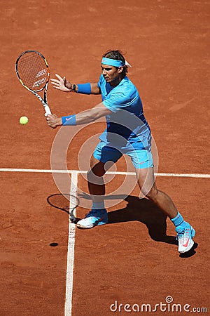 Fourteen times Grand Slam champion Rafael Nadal in action during his third round match at Roland Garros 2015 Editorial Stock Photo