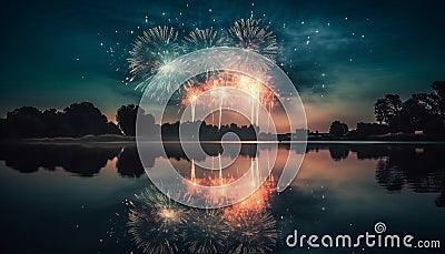 Fourth of July celebration vibrant colors, exploding fireworks, illuminated landscape generated by AI Stock Photo