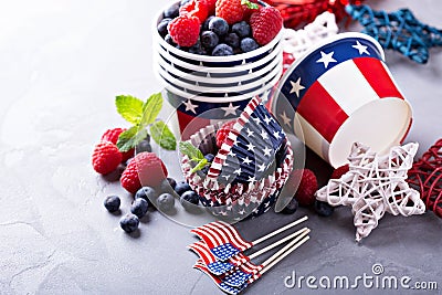 Fourth of July cups and cupcake liners Stock Photo