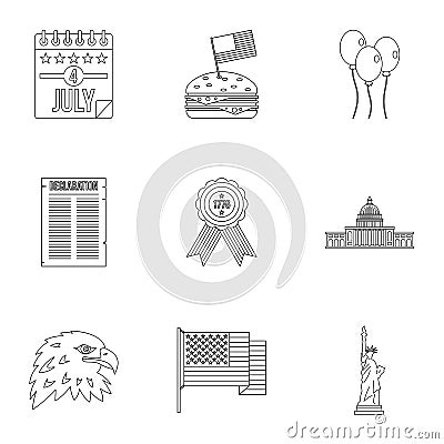 Fourth of July day icon set, outline style Vector Illustration