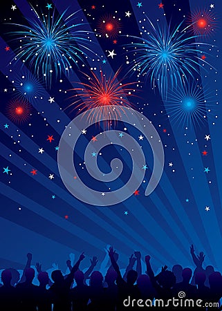 Fourth of july fireworks with crowd Vector Illustration