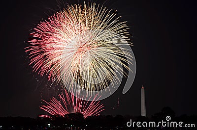 Fourth of July fireworks on the National Park tidal basin, with the Washington Monument in Washington, District of Columbia Editorial Stock Photo