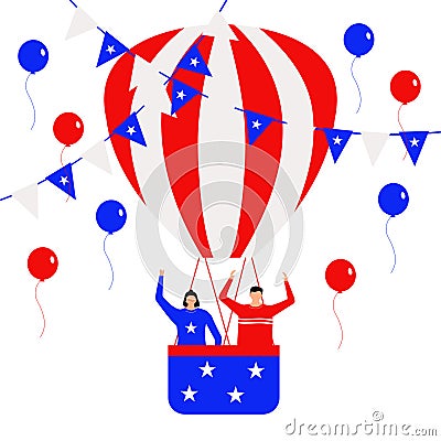 Fourth of July flat character with air balloon Vector Illustration