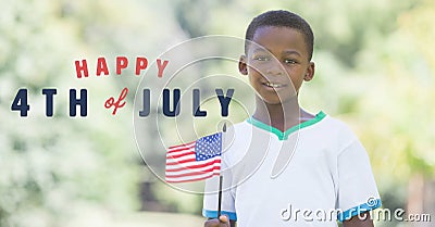 Fourth of July graphic next to boy holding american flag Stock Photo