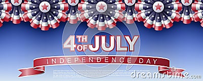 Fourth of July Independence day website top or banner vector template with realistic bunting decorations in USA flag colors with s Vector Illustration