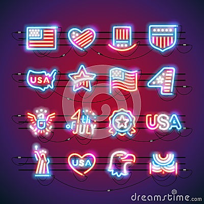 Fourth of July Neon Signs Vector Illustration