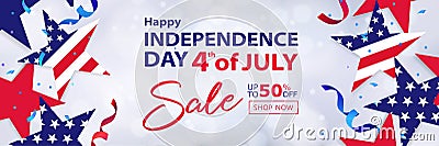 Fourth of July Sale long horizontal banner. 4th of July holiday background Vector Illustration