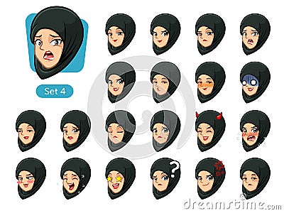 The fourth set of muslim woman in black hijab cartoon avatars Vector Illustration