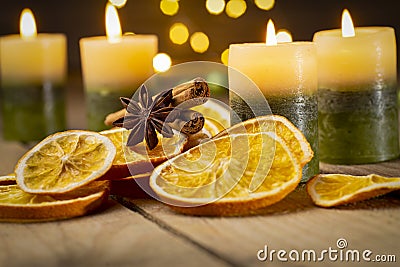 Fourth Sunday of Advent - Christmas decoration with candles and spices Stock Photo